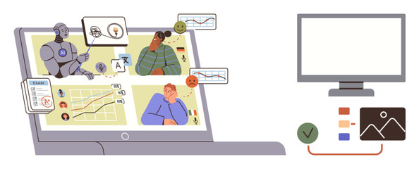 Laptop showing AI interactions, human users analyzing data, graphs, feedback icons, diverse work scenarios. Ideal for AI usage, teamwork, data analysis, education tech innovation communication