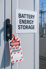 Battery energy storage system cabinet with safety lockout tag and warning sign conveying caution and restricted access
