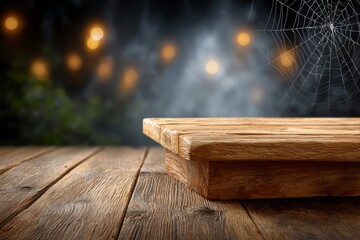 Wood table under string lights  a spiderweb against a dark misty background