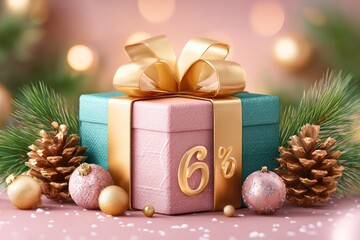 Wrapped Christmas gift with gold bow and ribbon beside pine cones and ornaments Front of the gift has the number 6 and a percent sign