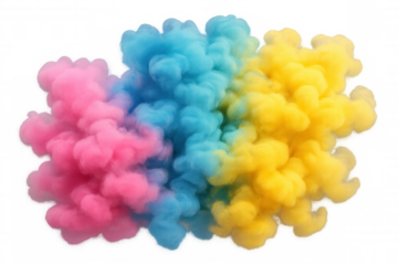 Blending vibrant pink, blue, and yellow smoke creating an abstract colorful cloud on transparent background