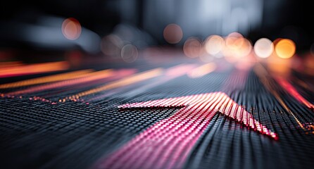 An upward red arrow on a textured surface, suggesting progress, with city lights blurred