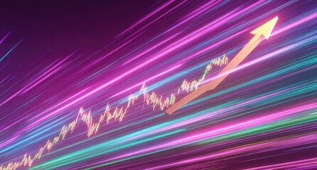 Digital stock chart with an upward arrow, stylized, with colorful streaks