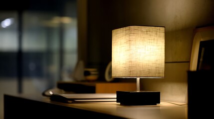 Linen Shade Table Lamp on a Desk / 机の上のリネンシェードのテーブルランプ