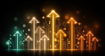 Neon arrows on a circuit board background, ascending, with glowing effects