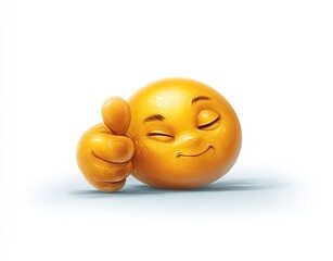3D rendered golden emoji, thumb up, eyes closed, joyous expression, white background