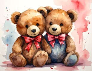 Two teddy bears, seated close together, wearing matching bows. Watercolor style, soft colors, and hearts