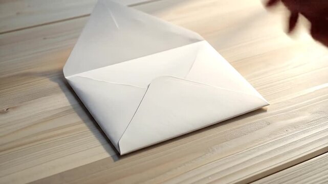 Hand opening a white envelope on a wooden table, revealing the inside of the envelope.