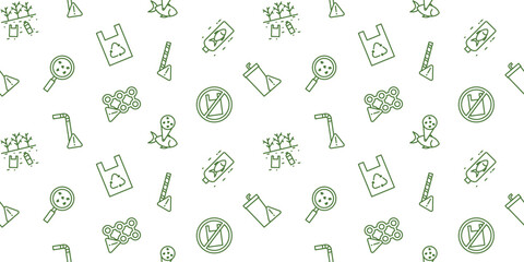 Seamless Environmental and Plastic Pollution Icon Pattern, Green Minimal Line Art Background, Eco-Friendly Global Warming Doodle Texture Wallpaper