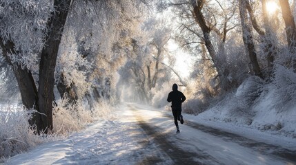 Lone person jogging on a snow-covered road lined with frosted trees during a bright winter morning