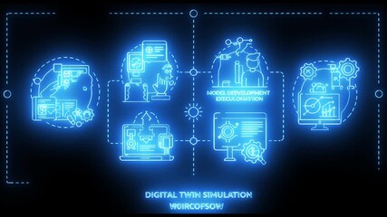 Neon glowing digital twin simulation diagram with 3D technology and data modeling system - Powered by Adobe
