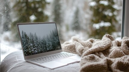 Laptop on cozy blanket by window, screen showing snowy trees, with real snowy forest outside