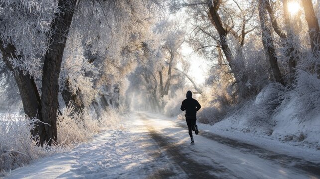 Lone person jogging on a snow-covered road lined with frosted trees during a bright winter morning