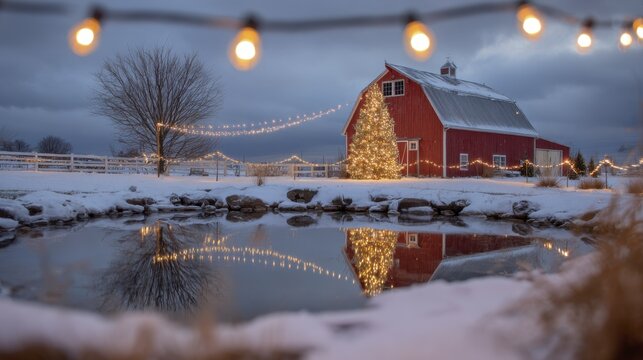 Red barn with festive Christmas tree and string lights reflecting on a serene snowy pond at dusk