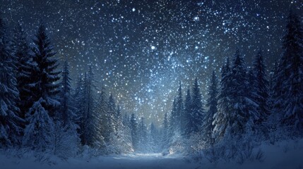 Fototapeta premium Winter forest landscape at night with snow-covered trees under a sparkling starry sky and glowing horizon