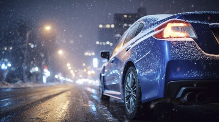 Blue sedan covered in snow on urban street at night with glowing lights during winter snowfall