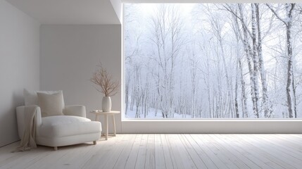 Cozy minimalist living room interior with white armchair overlooking tranquil snowy winter forest view through large window