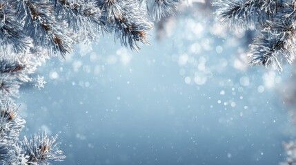 Frosted Pine Branches Covered in Sparkling Snow and Ice with Soft Bokeh Background