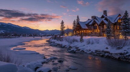 Scenic winter evening at a rustic mountain lodge by a partially frozen river under a colorful twilight sky