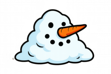 Cartoon character snowman melting into a puddle of snow, showing a sad expression. Transparent background
