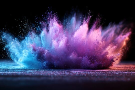 A dust cloud with purple blue orange hues fills a dark room covering a surface with its vibrant particles - Powered by Adobe