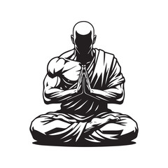 Stylized Silhouette of a Muscular Monk Meditating in Lotus Pose with Prayer Hands
