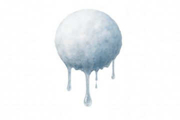 Melting snowball transforming into water droplets, concept of thawing and climate transition with transparent background