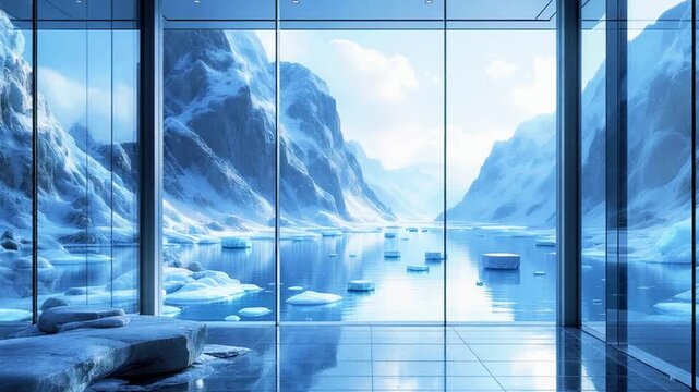 Panoramic view of a glacial landscape from inside a modern space with large windows