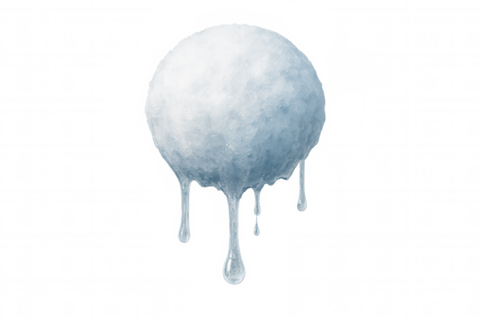 Melting snowball transforming into water droplets, concept of thawing and climate transition with transparent background