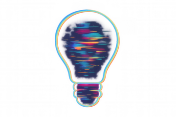 Glitch art light bulb illustrating digital innovation, creative ideas, and technology disruption on transparent background