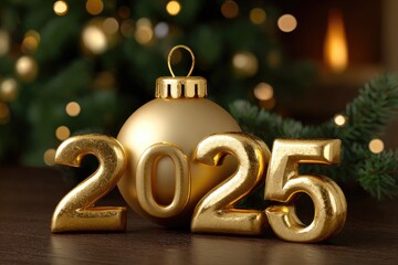A golden 2025 sits on a wood surface with a gold ornament and tree backdrop lit by soft festive lighting