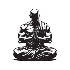 Stylized Silhouette of a Muscular Monk Meditating in Lotus Pose with Prayer Hands
