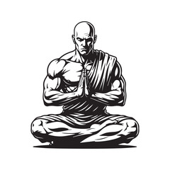 Stylized Silhouette of a Muscular Monk Meditating in Lotus Pose with Prayer Hands
