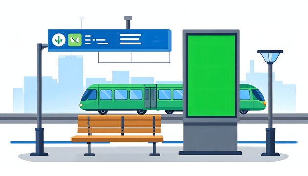 Modern urban public transport station with green screen digital billboard and passing passenger train, flat vector illustration