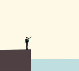 Man standing on viewpoint pointing finger to beautiful sky with sea view. Tourism travel on holiday vacation.