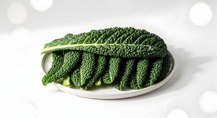 Fresh dark green Lacinato kale leaves neatly arranged on a white ceramic plate with a bright background, food preparation