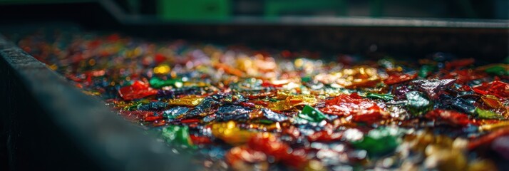 Obraz premium Colorful Candy Wrappers Floating in a Large Tub Filled With Water at a Candy Factory During the Morning Shift