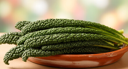 Fresh dark green Lacinato kale stalks resting on a terra cotta dish with a soft, blurred background, natural produce