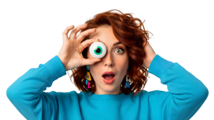 Funny Woman Eyeball Toy Playful Joyful Girl Freckles Red Hair Expression