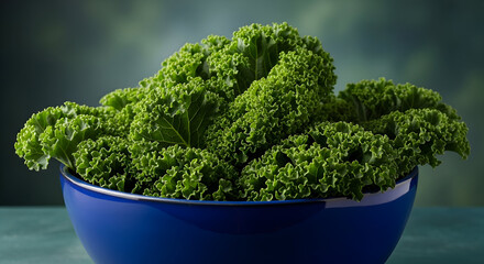 Abundant fresh curly green kale in a striking blue bowl, ready for a healthy meal or culinary preparation, wholesome