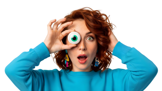 Funny Woman Eyeball Toy Playful Joyful Girl Freckles Red Hair Expression