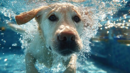 Funny underwater picture of puppies in swimming pool playing deep dive action training game with family pets and popular dog breeds during summer holidays. recreation, relax, generate by AI