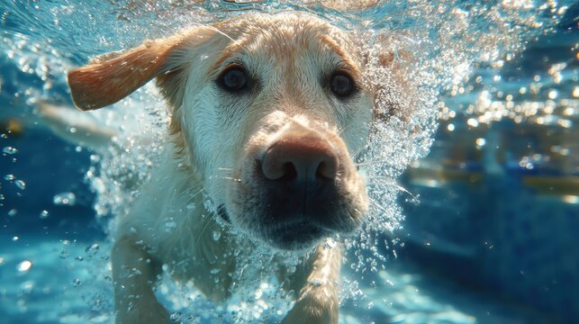 Funny underwater picture of puppies in swimming pool playing deep dive action training game with family pets and popular dog breeds during summer holidays. recreation, relax, generate by AI