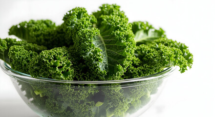 Abundant fresh curly green kale leaves in a clear glass bowl, ready for a healthy and nutritious meal, clean eating