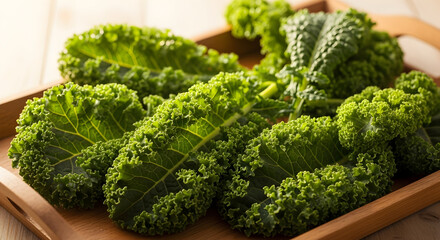 Loose fresh curly green kale leaves scattered on a natural wooden tray, rustic presentation for healthy cooking