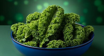Fresh curly green kale in a vibrant blue bowl with a sparkling green background, healthy superfood ingredient for cooking