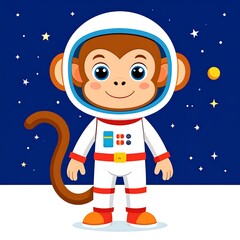 Cute cartoon monkey in astronaut suit against starry night