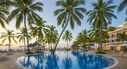 Luxury hotel resort swimming pool with palm trees, inviting tropical water for a perfect summer vacation relaxation