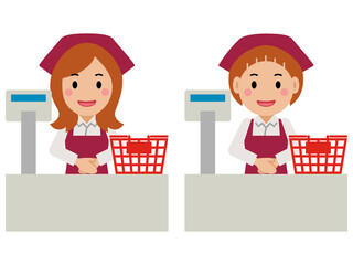 笑顔でレジに立つ真紅のエプロンと三角巾の女性。その2