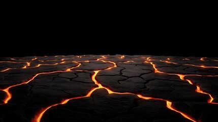 The image features a field of cracked, dark earth, with glowing orange lava seeping through the fissures, creating a stark contrast against the black background.